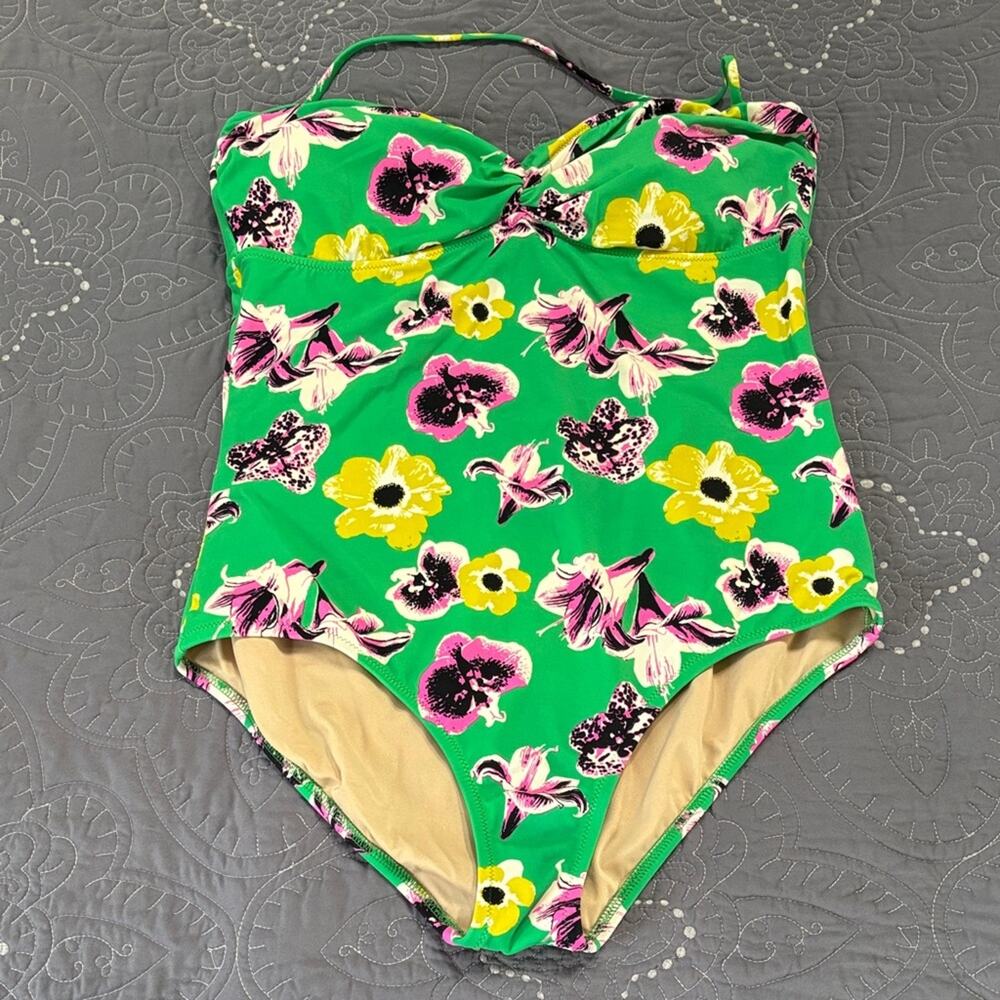 J. Crew Green Floral One-Piece Swimsuit